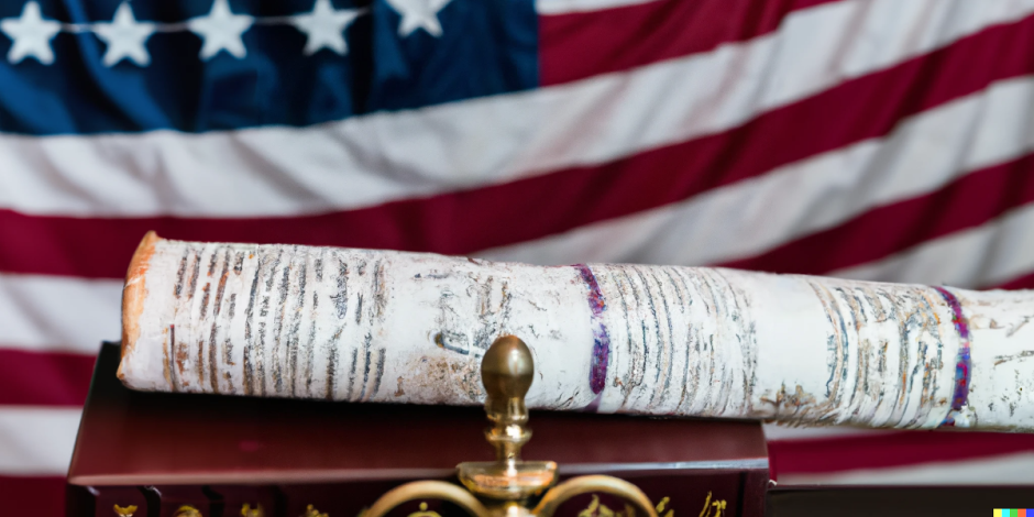 Torah with American flag in background - Judeo-Christian tradition